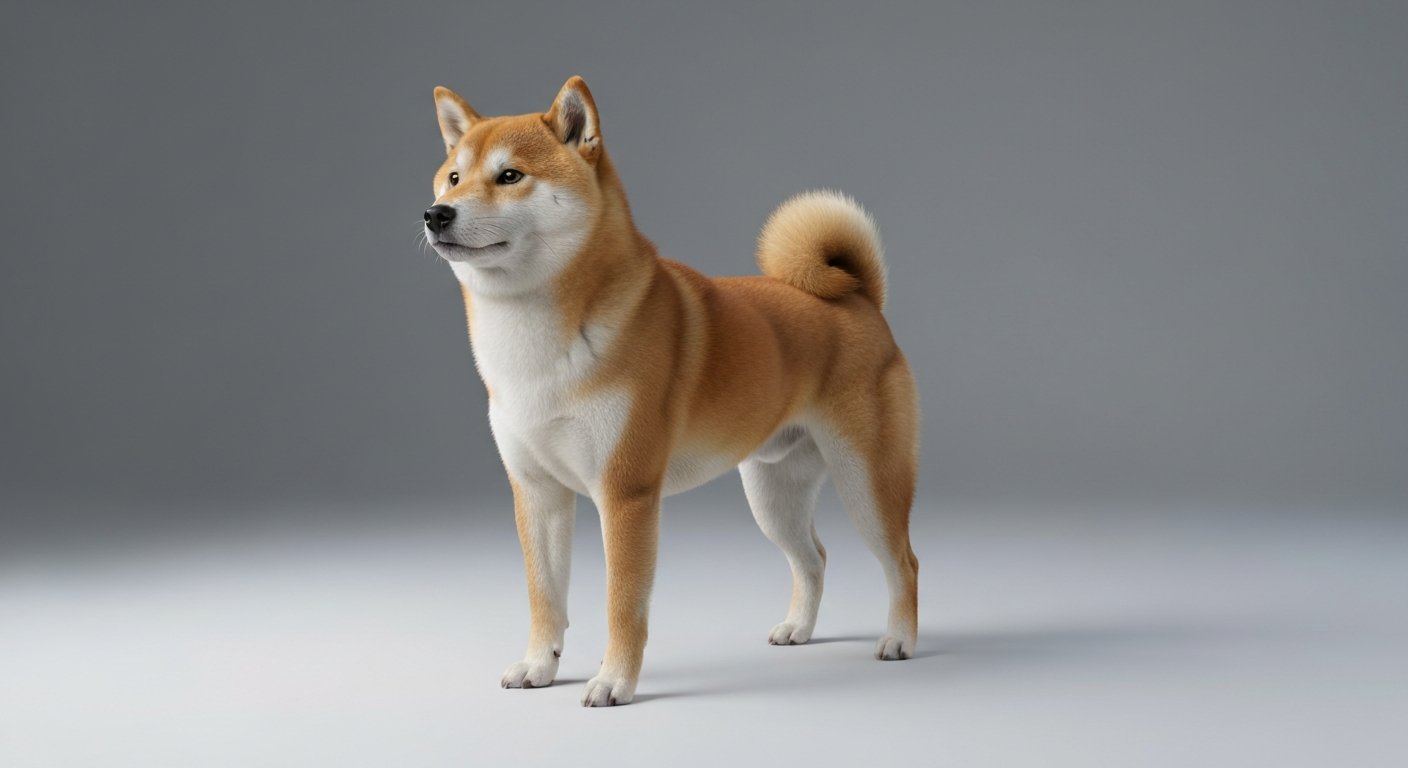 An adult Shiba Inu dog standing proudly against a soft-grey studio background.