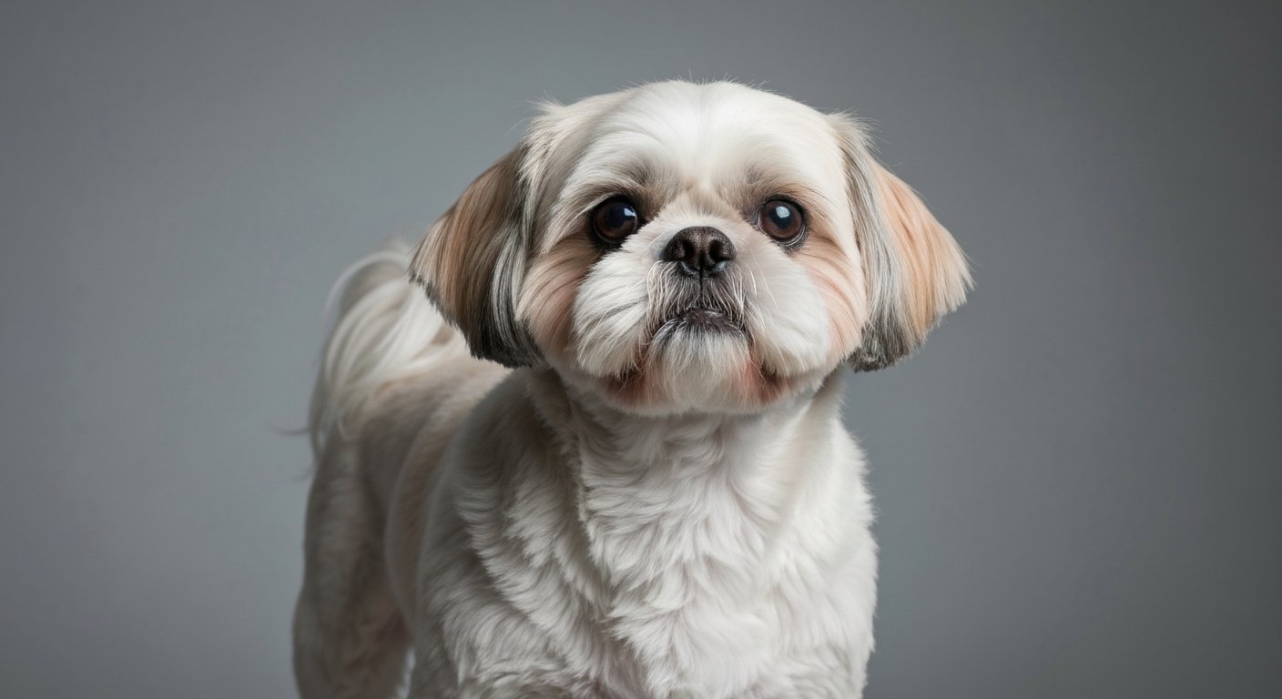 A highly detailed photorealistic image of an adult Shih Tzu standing proudly against a soft-grey studio background.