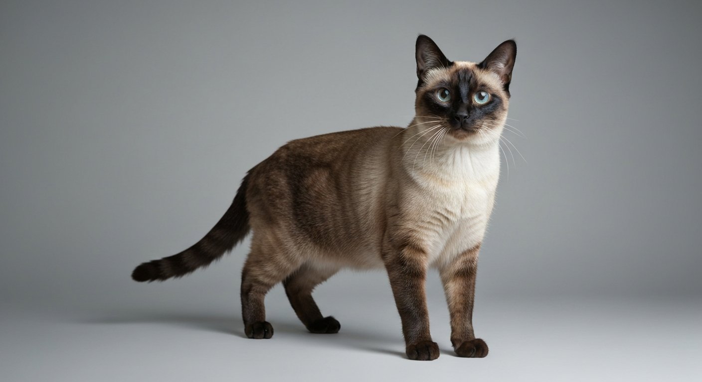 A highly realistic photo of an adult Siamese cat standing proudly against a soft-grey background.