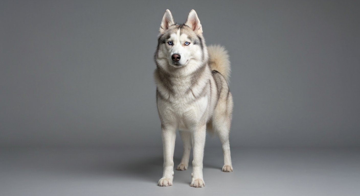 A majestic adult Siberian Husky dog standing proudly.