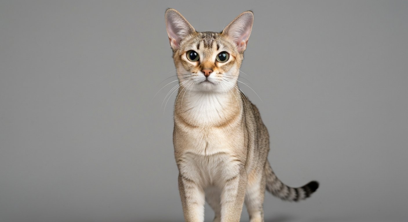 An adult Singapura cat standing proudly against a soft-grey background.