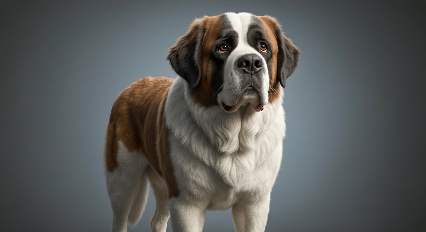 A majestic adult St. Bernard dog standing proudly in a studio with a soft-grey background.
