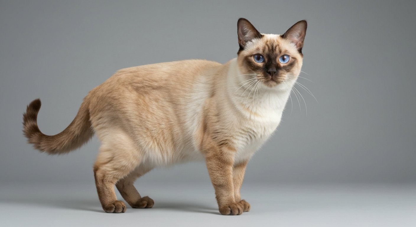 An adult Tonkinese cat standing proudly with a solid soft-grey background.