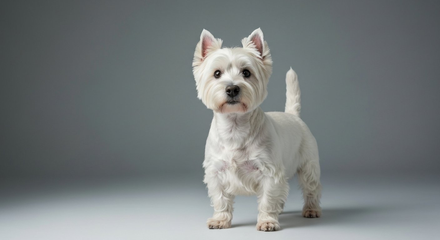 A proud adult West Highland White Terrier standing in a studio against a soft-grey background.