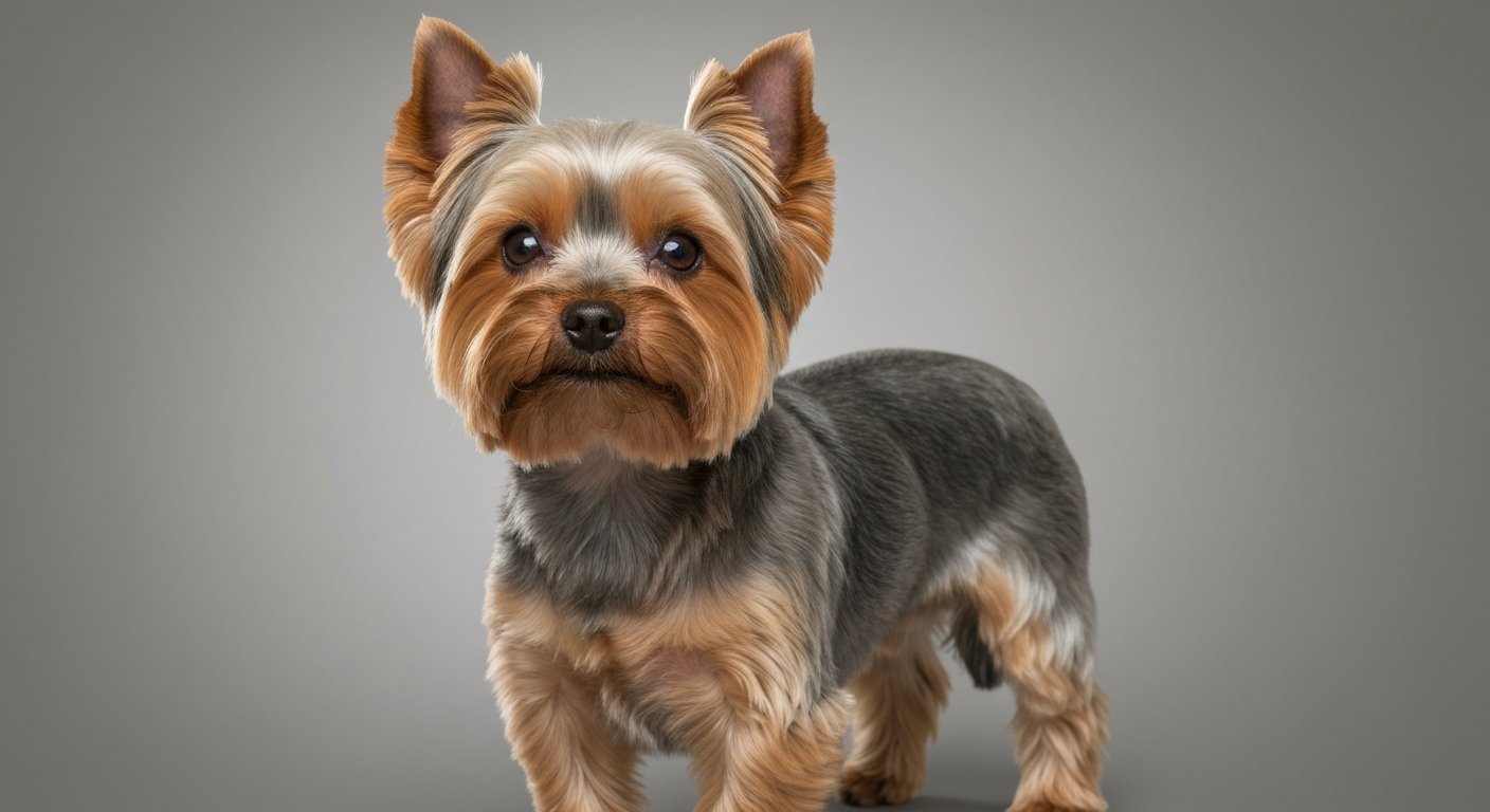 A highly realistic photo of an adult Yorkshire Terrier standing proudly with studio lighting and a solid soft-grey background.