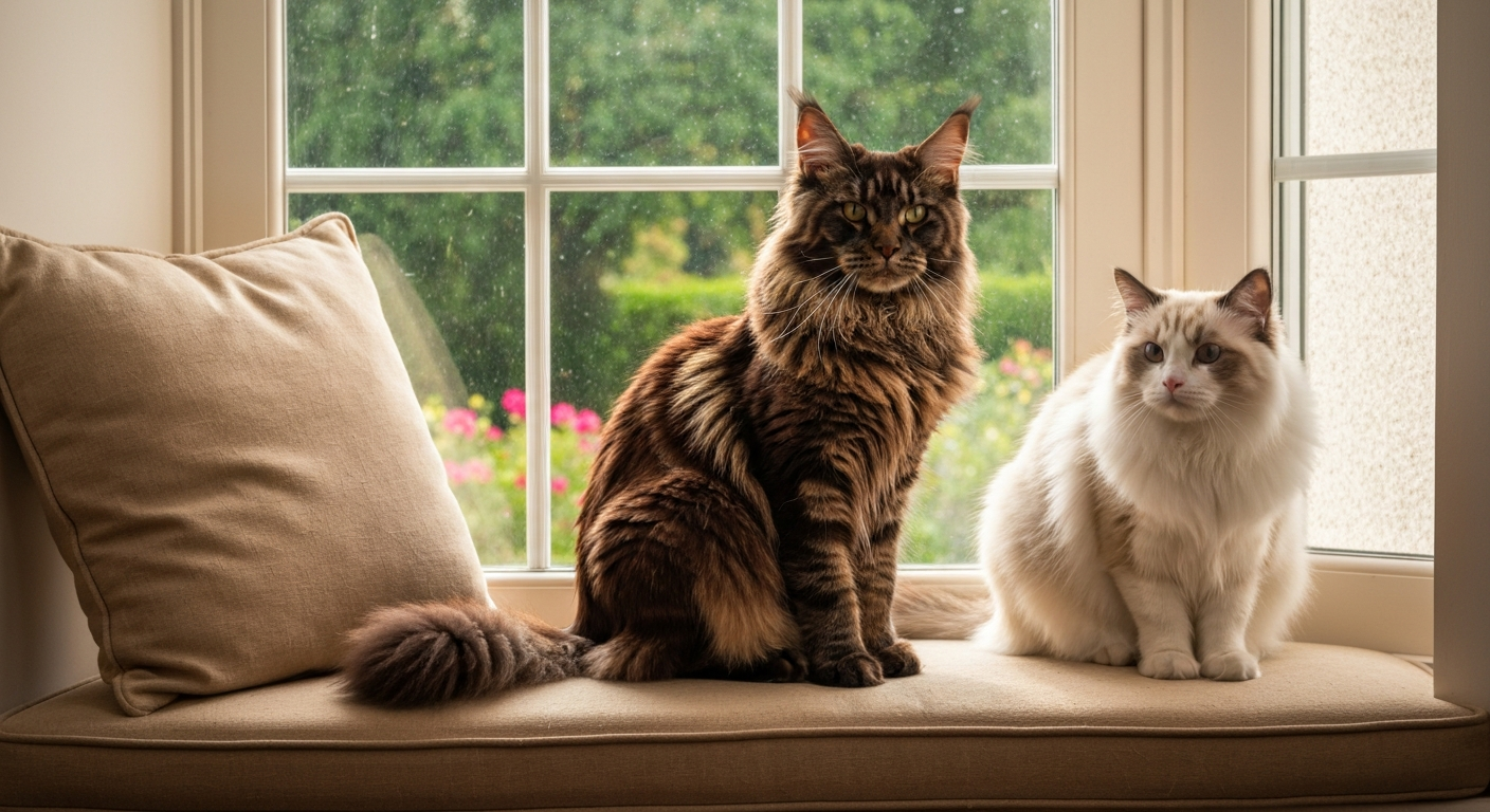 A large, fluffy Maine Coon cat and a blue-eyed Ragdoll cat sitting side-by-side on a comfortable window seat in a bright room.