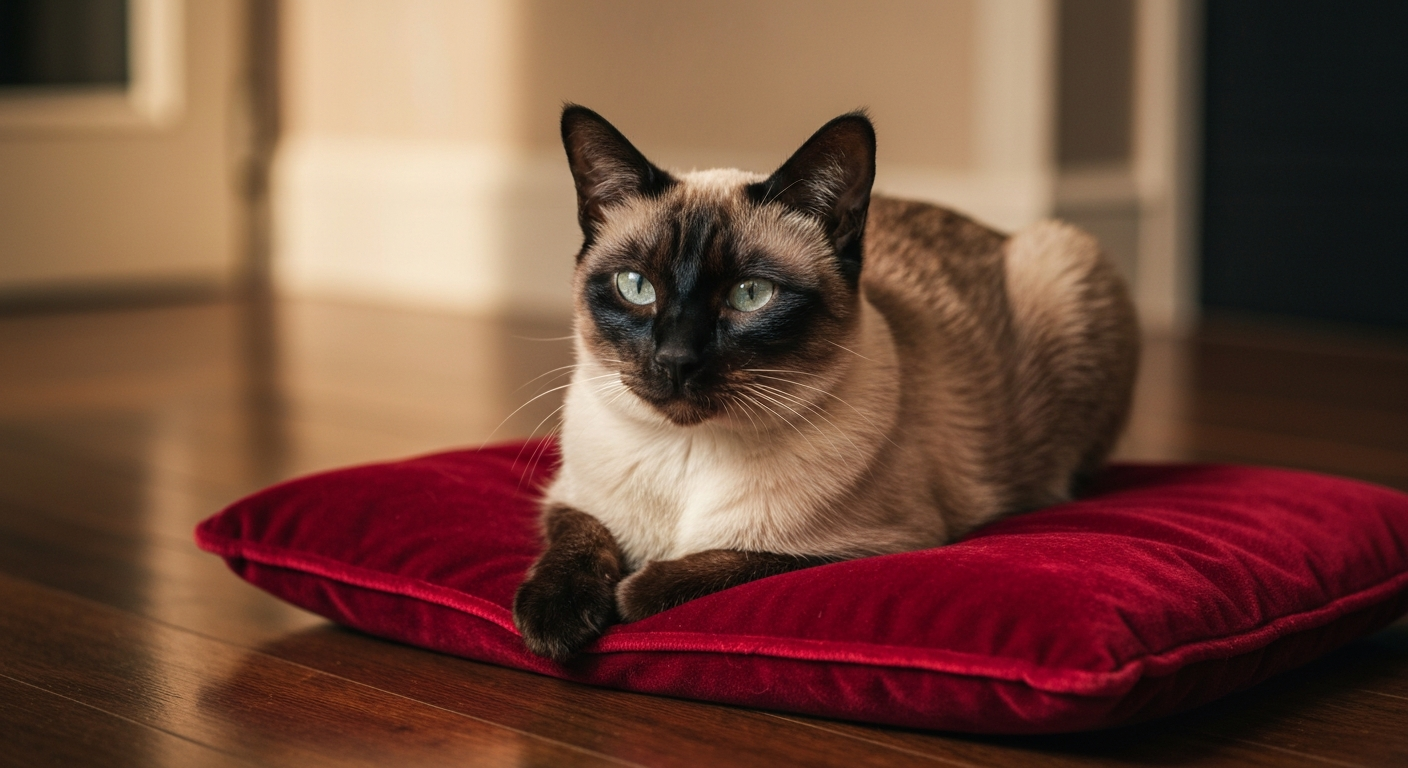 A dark brown Burmese cat being gently stroked by a child's hand on a soft, beige couch.