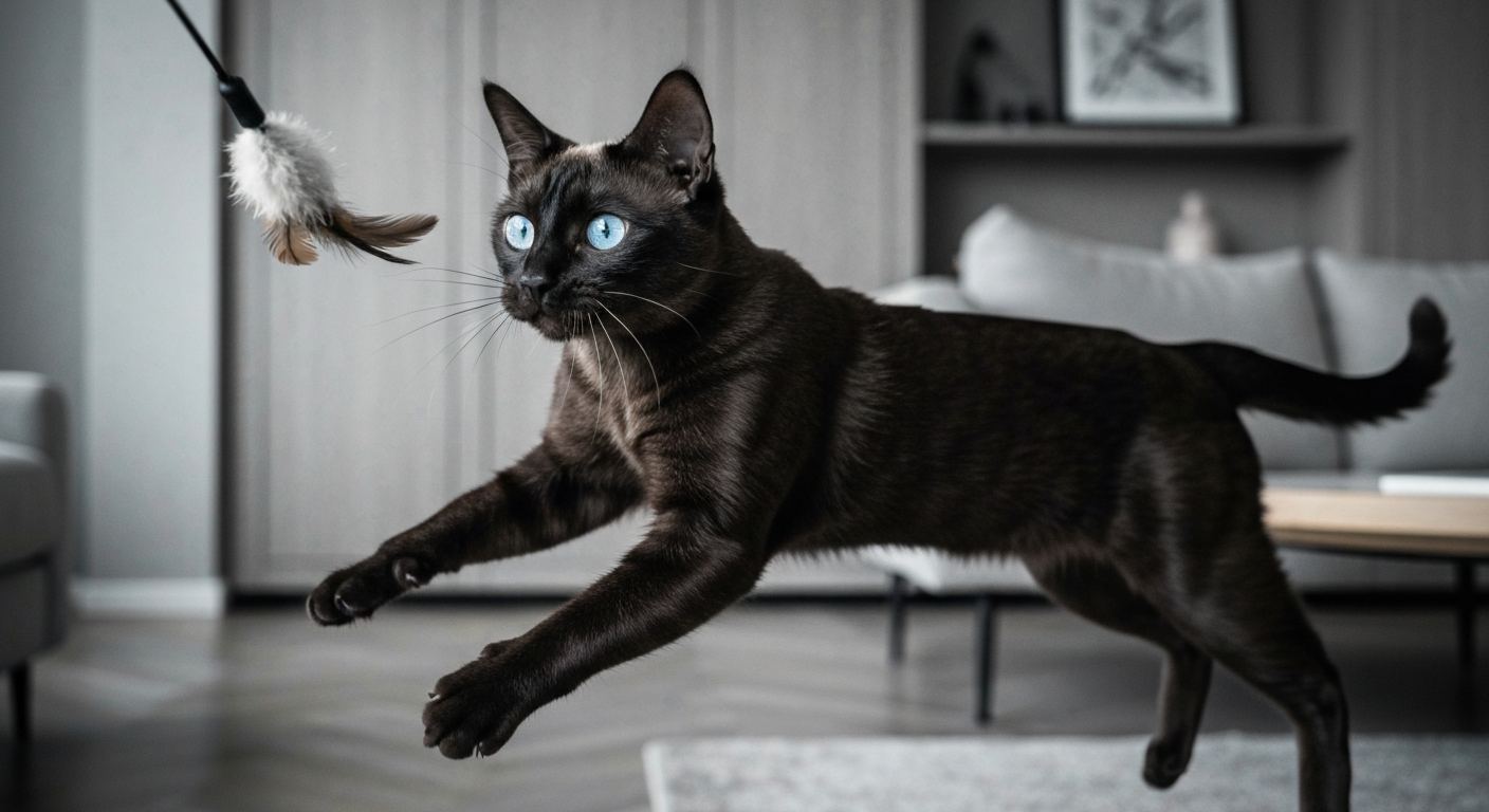 A sleek Tonkinese cat with a light brown coat and aqua eyes playfully leaping through the air in a sunlit room.