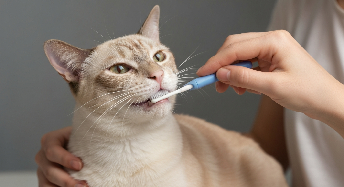 A person's hands carefully holding a small toothbrush to the teeth of a cream-colored Tonkinese cat.