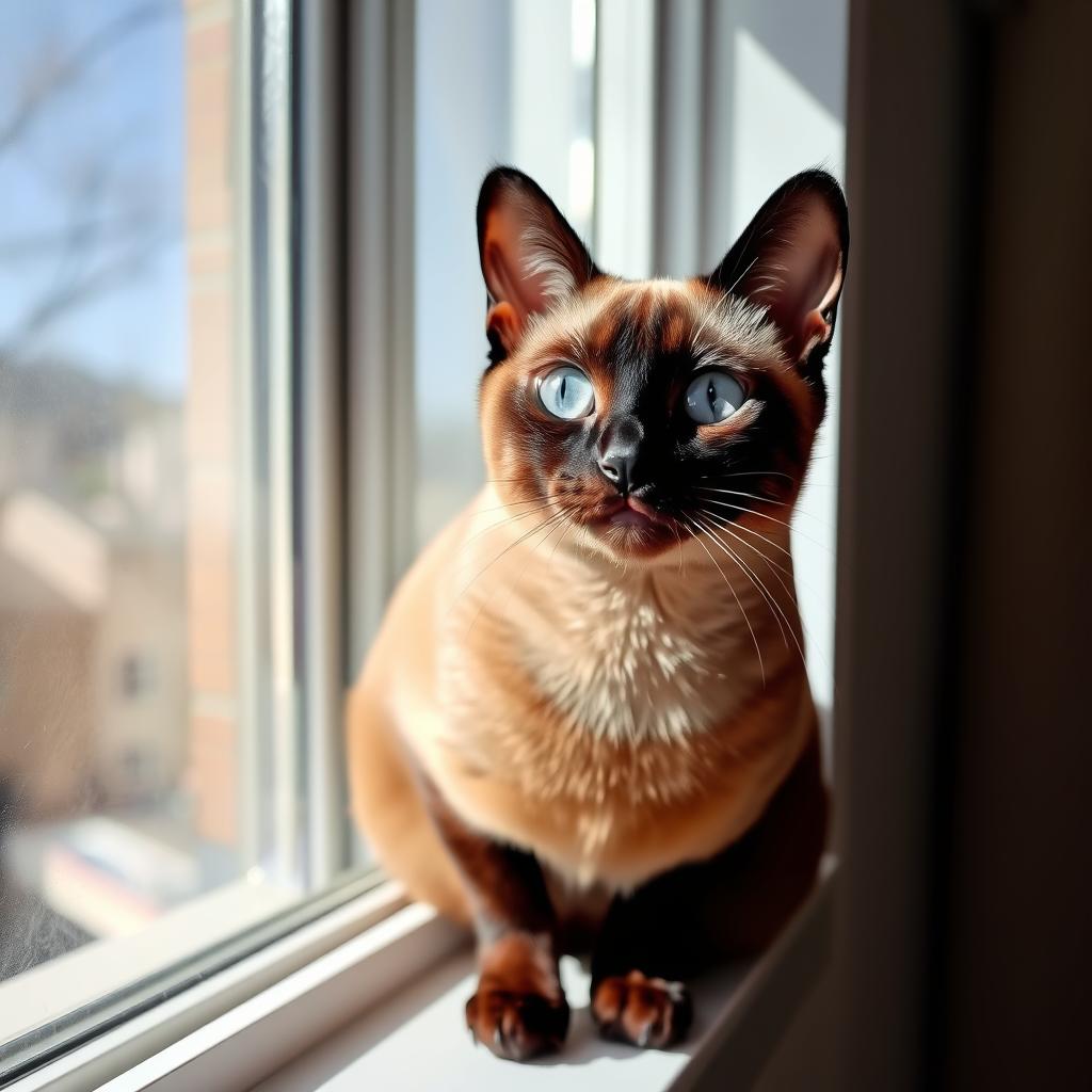 A sophisticated Tonkinese cat with a distinctive coat pattern sits gracefully on a windowsill, bathed in natural light.