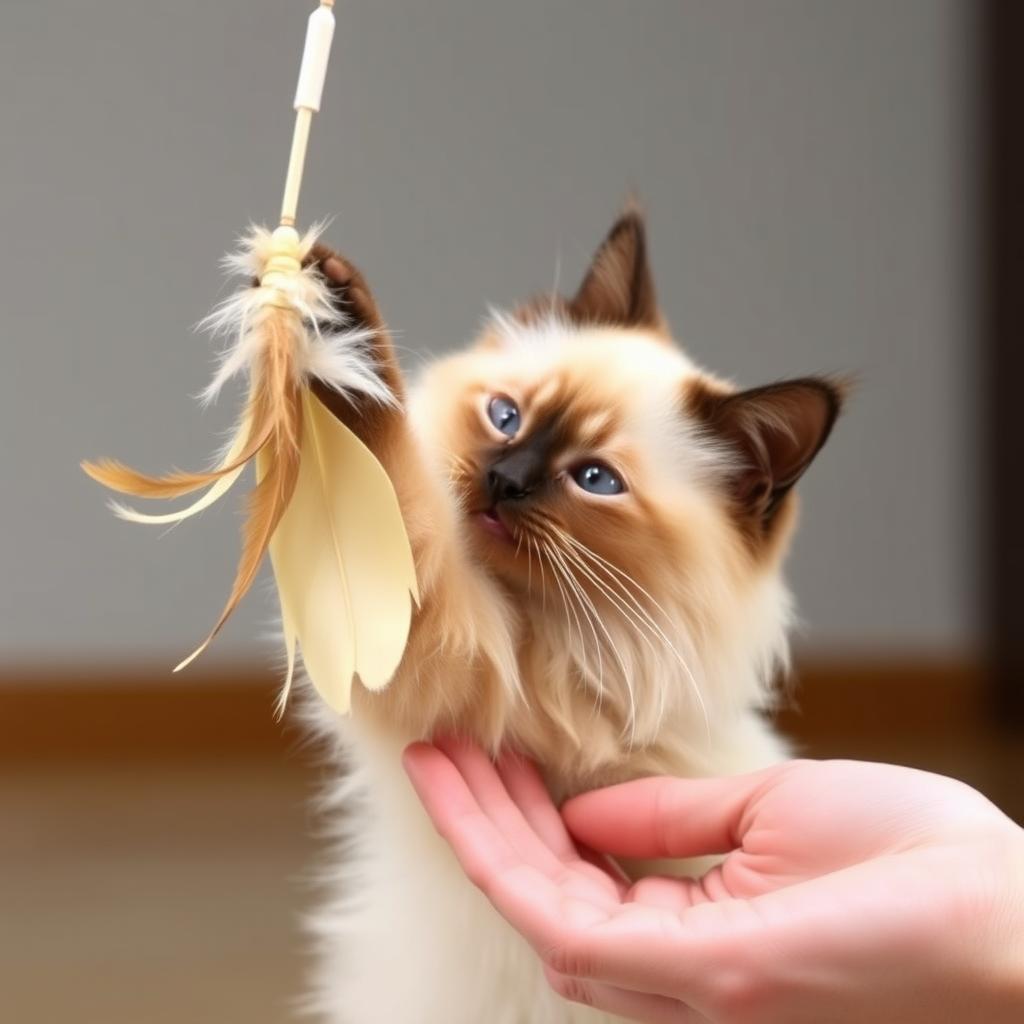 A Tonkinese cat actively engages with a feather wand toy, demonstrating its playful and responsive behavior.