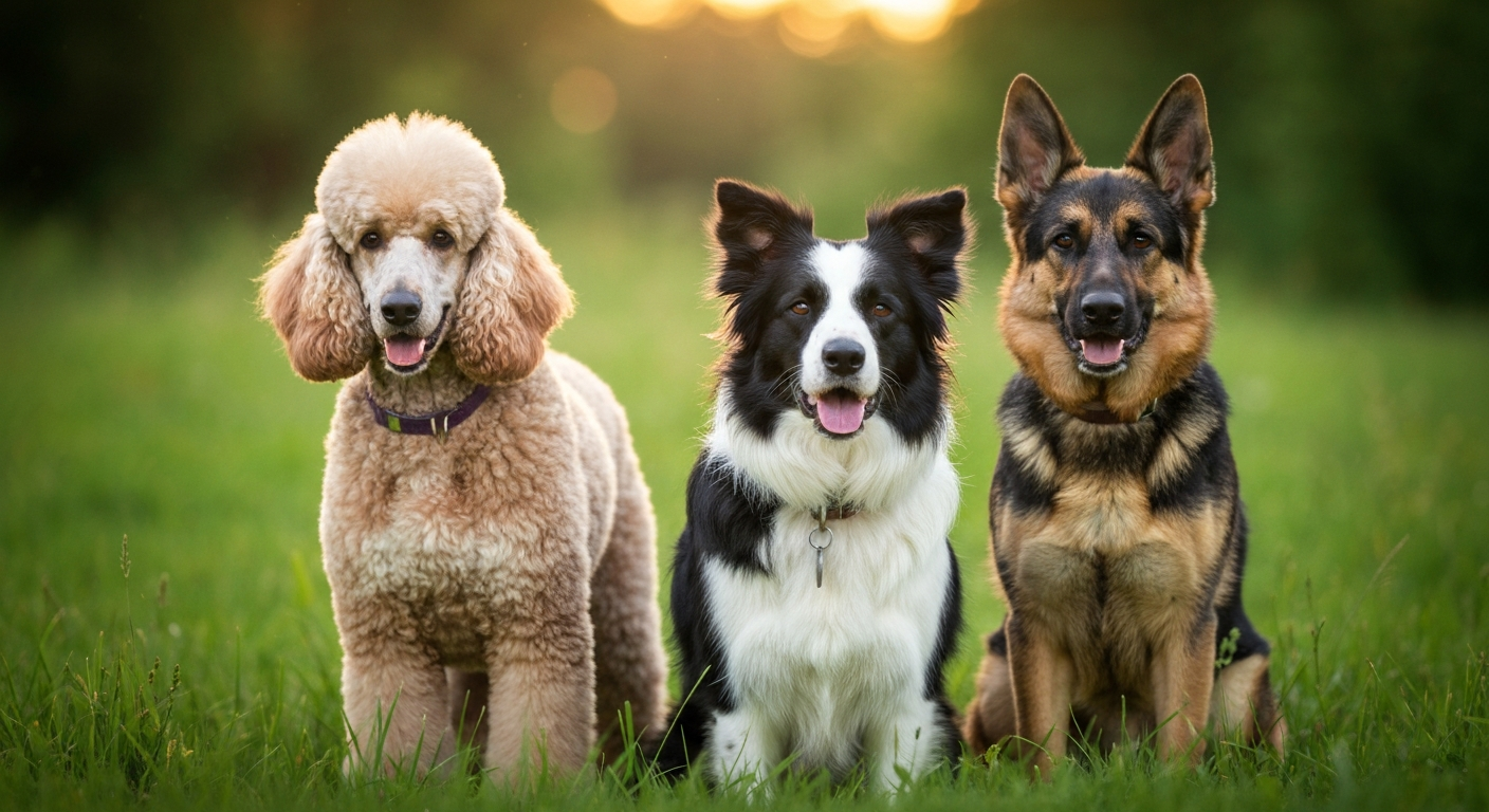 A Border Collie, a standard Poodle, and a German Shepherd standing together in a sunny field, looking alert and intelligent.