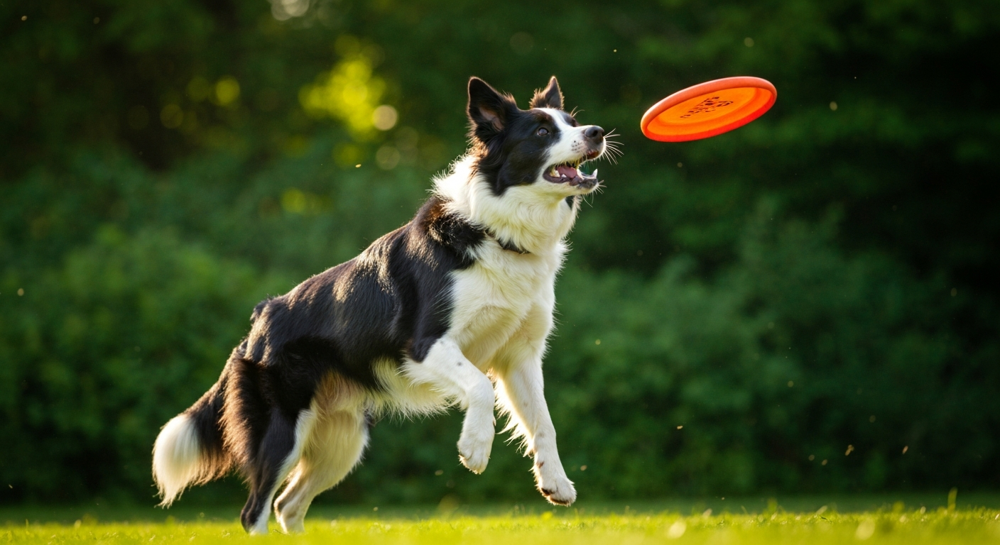 A black and white Border Collie in mid-jump, mouth open to catch a red frisbee against a backdrop of a sunny green field.