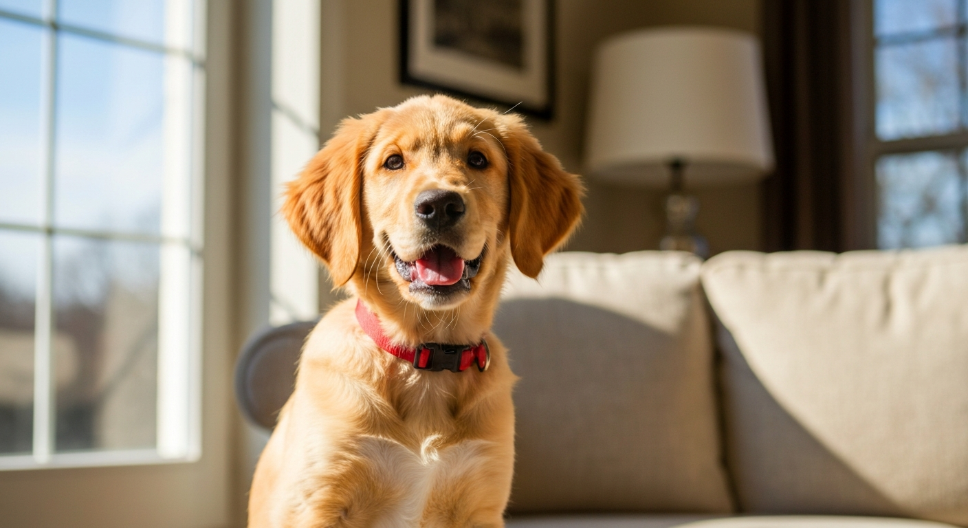 A close-up shot of a person's hand offering a small treat to a focused yellow Labrador puppy sitting on a wooden floor.