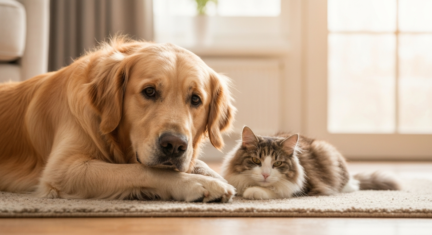 A golden retriever and a gray domestic shorthair cat lying peacefully together on a beige rug in a sunny room.