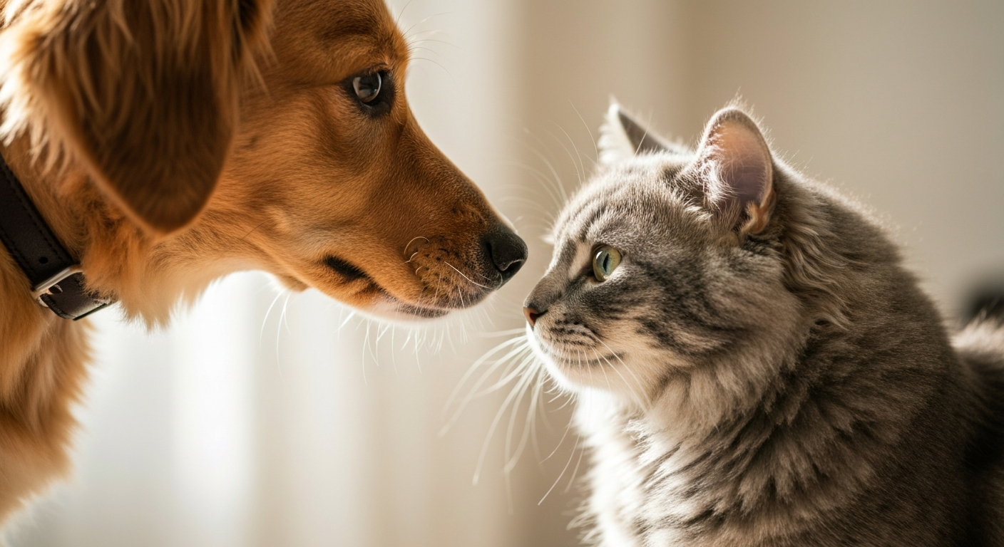A tri-color Cavalier King Charles Spaniel gently sniffing a curious silver tabby cat on a gray sofa.