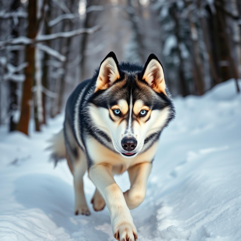 A Siberian Husky dog with thick white fur running energetically through a snow-covered forest.