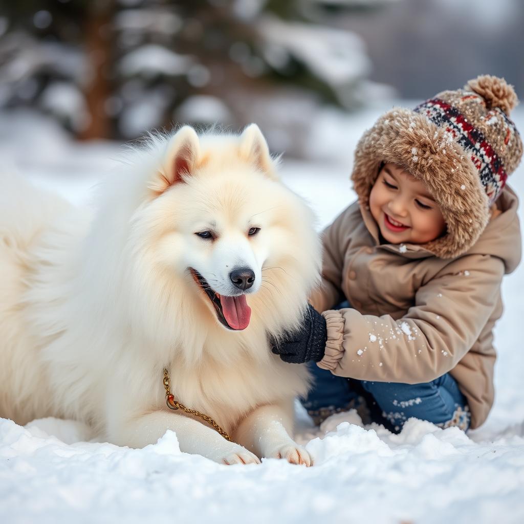 A smiling Samoyed dog playing with a child in the snow.