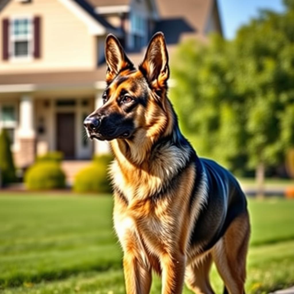 A German Shepherd dog stands alert and vigilant in a yard, with a safe home visible behind it.