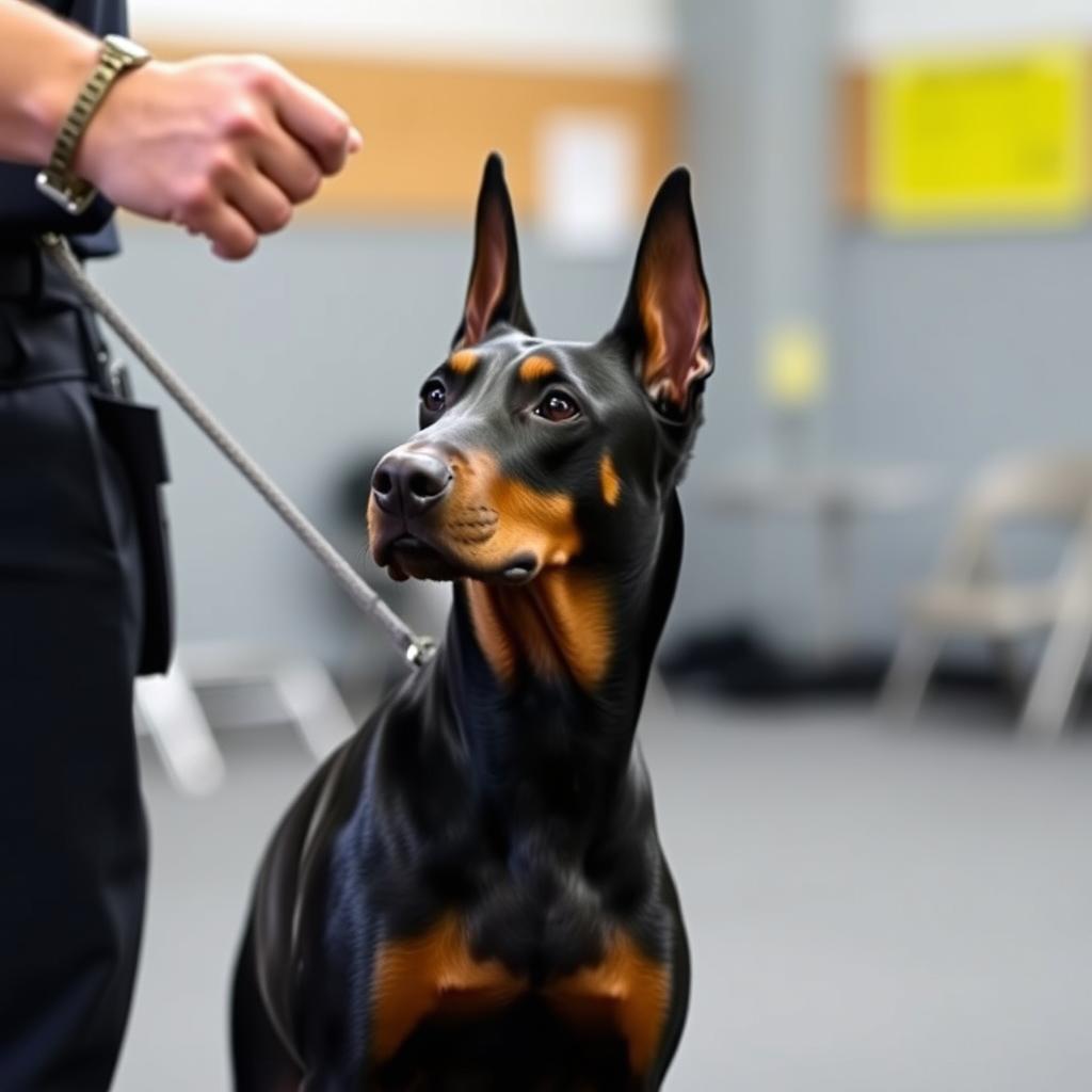 A Doberman Pinscher actively engages in a training session with its owner, demonstrating focus.