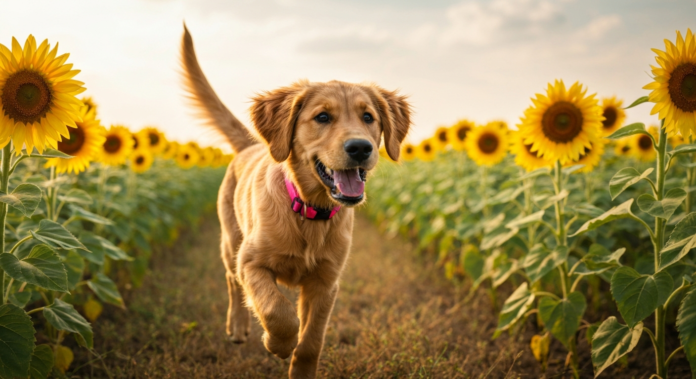 A happy Golden Retriever with its tongue out, enjoying the wind from the passenger seat of a car on a scenic road during a golden sunset.