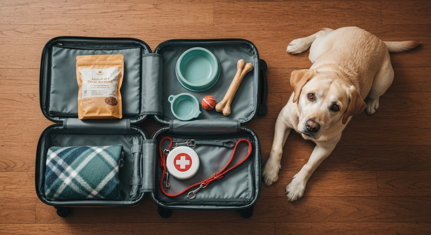 An open travel bag on a floor, packed with a dog's essentials including food, a water bowl, a toy, and a first-aid kit, with a Labrador Retriever resting beside it.