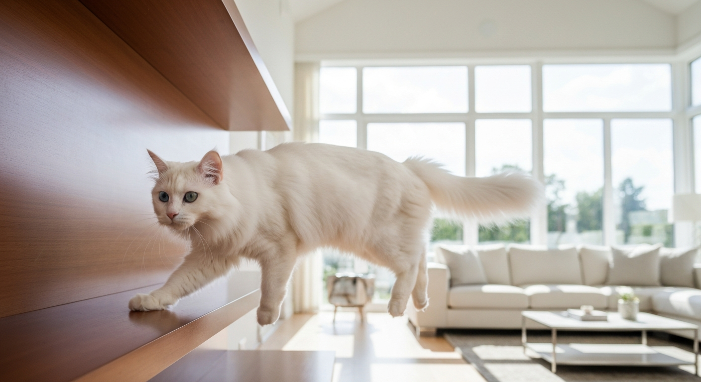 A sleek white Turkish Angora cat mid-jump from a high shelf in a sunlit room.