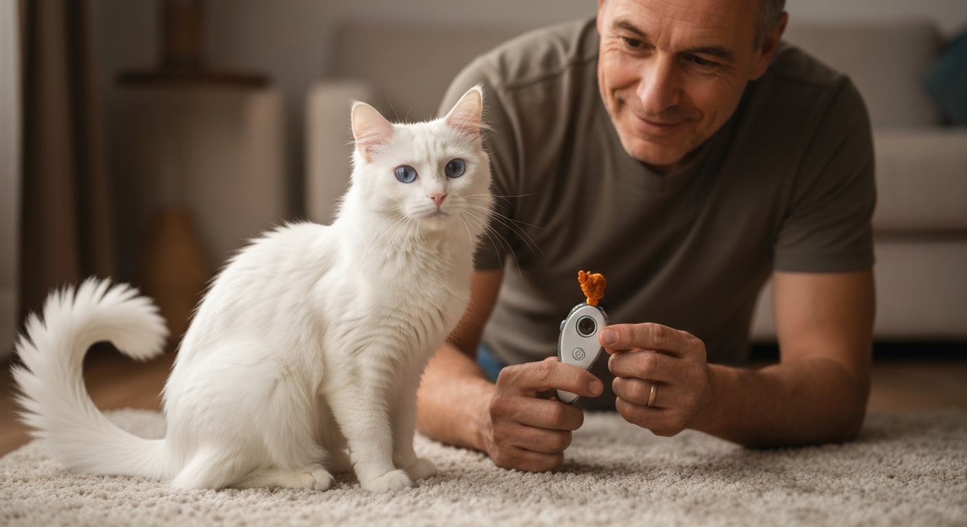 A domestic white Turkish Angora cat being trained with a clicker in a living room.