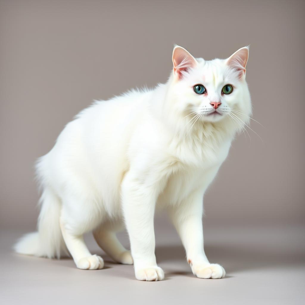 A pure white Turkish Angora cat with striking blue eyes stands gracefully, its long, silky fur and lean physique evident.