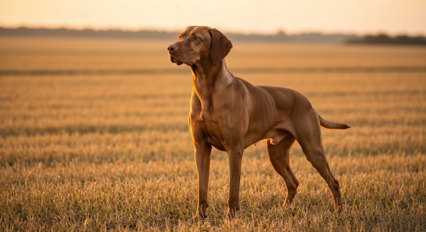 A rust-colored Vizsla dog standing alert in a sunny, golden field.