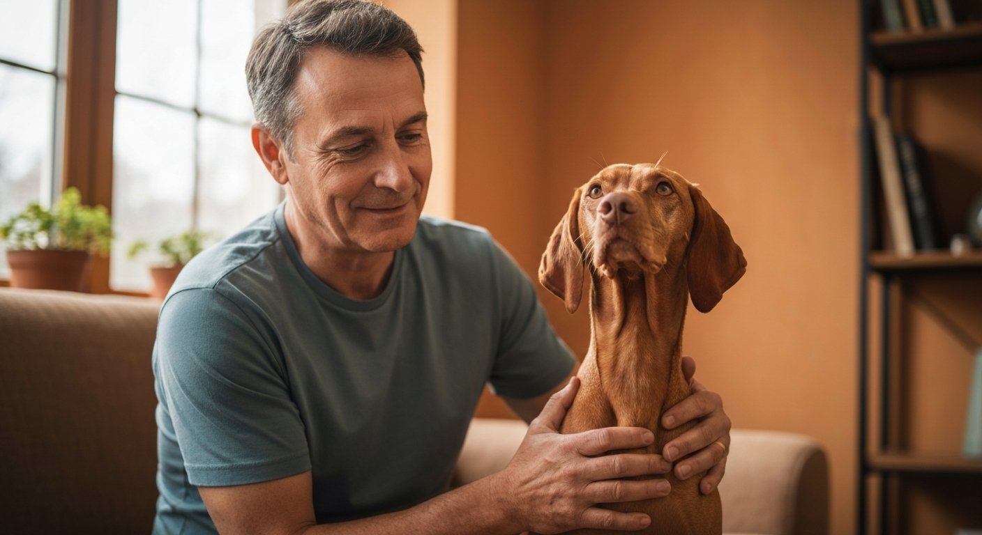 A person's hands gently placed on the side of a lean Vizsla dog, checking its ribs for proper body condition.