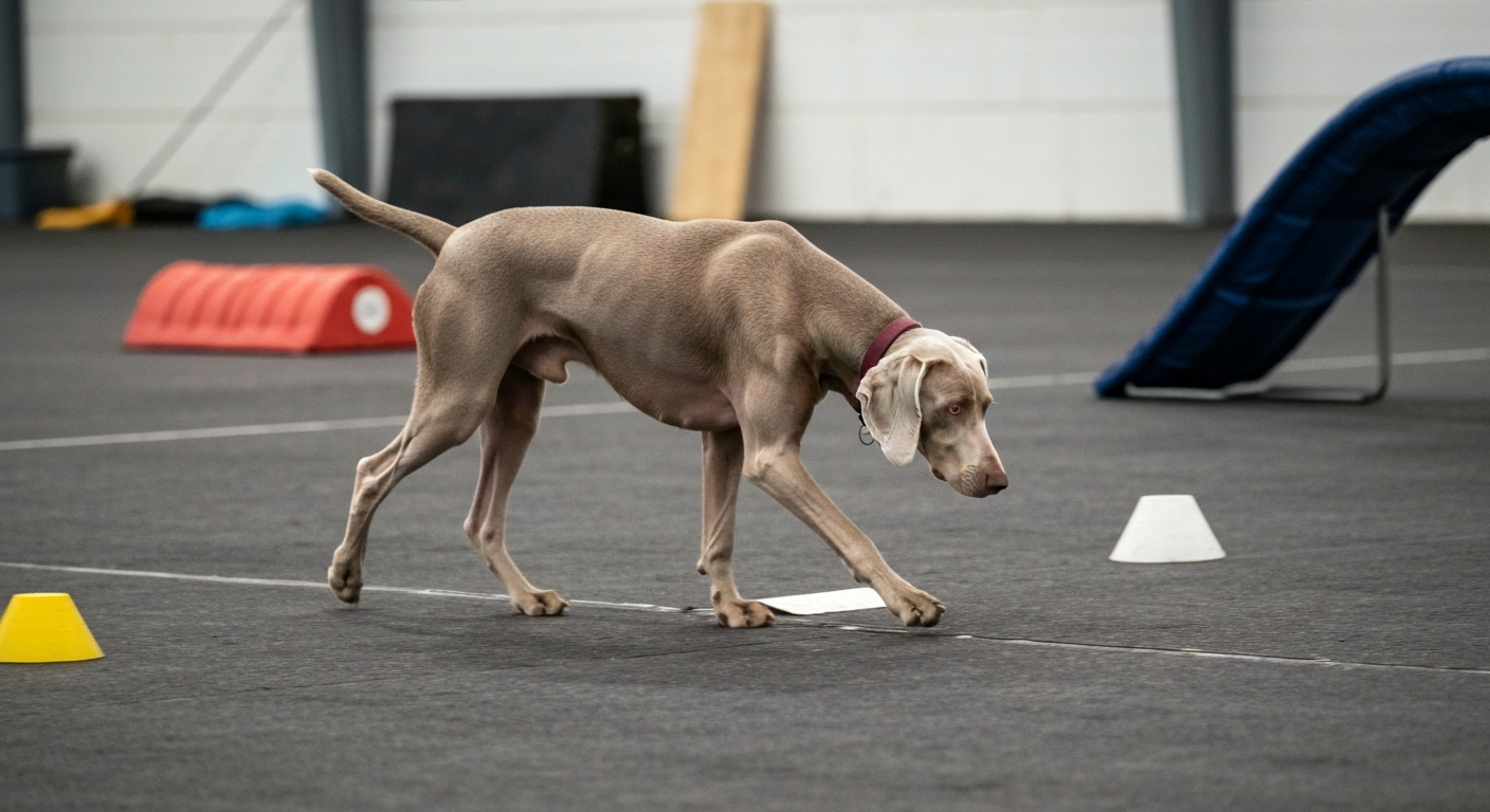A Weimaraner dog with its nose to a small wooden box during an indoor scent training exercise.