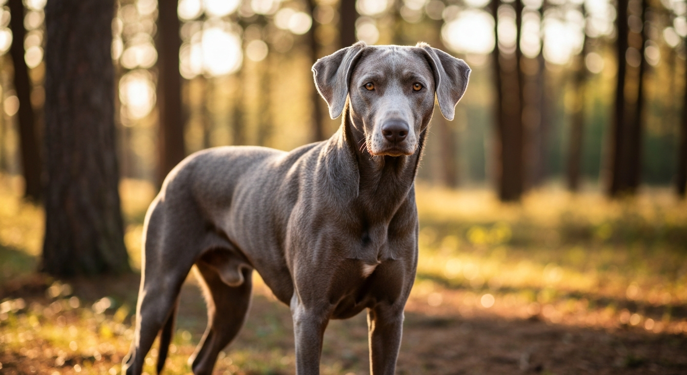 A full-grown Weimaraner with a sleek, silver-gray coat stands proudly in a sunny forest, its muscular build on full display.