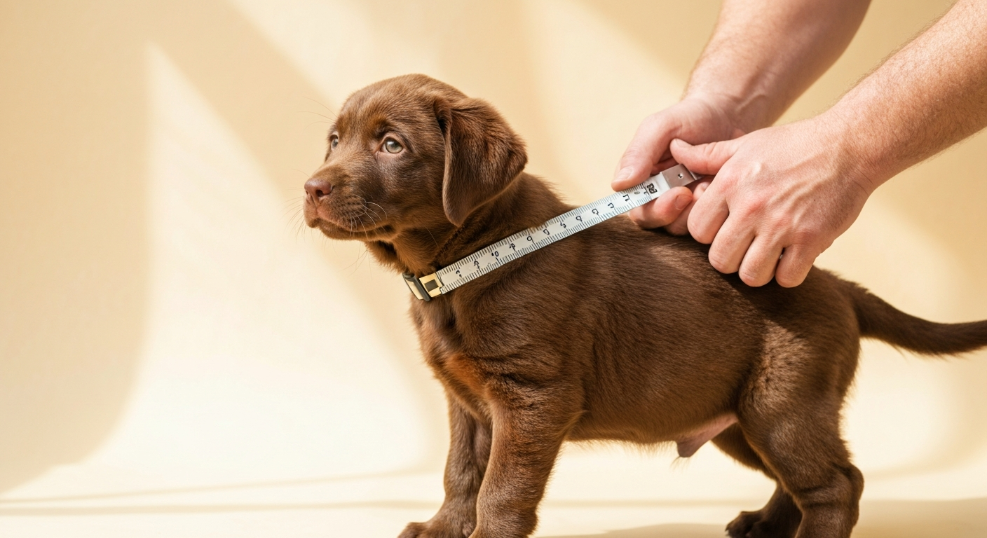 A person uses a yellow measuring tape to check the height of a young Weimaraner puppy standing on a wooden floor.