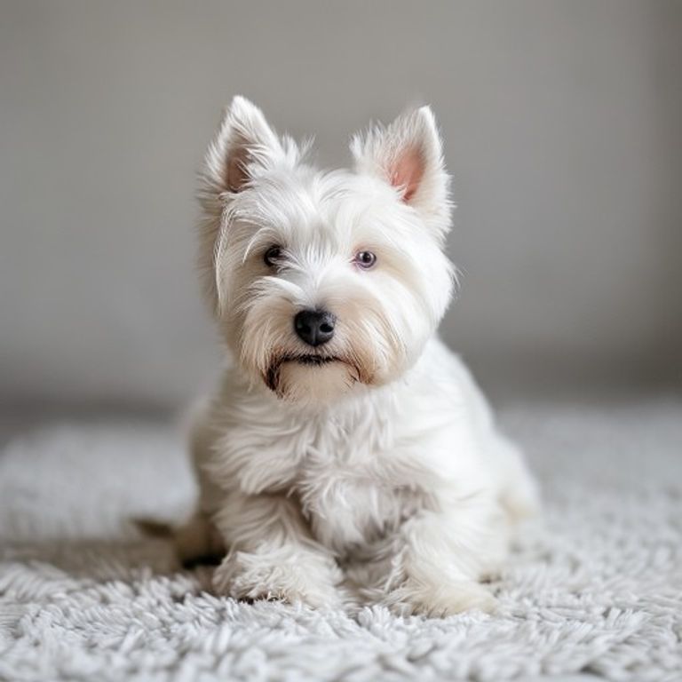 A fluffy white West Highland White Terrier puppy with black eyes and a black nose sits alertly on a white rug, looking towards the viewer.