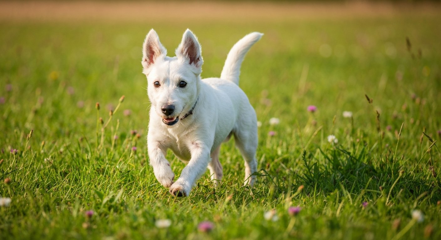An energetic West Highland White Terrier with a pure white coat running happily across a sunlit green meadow.