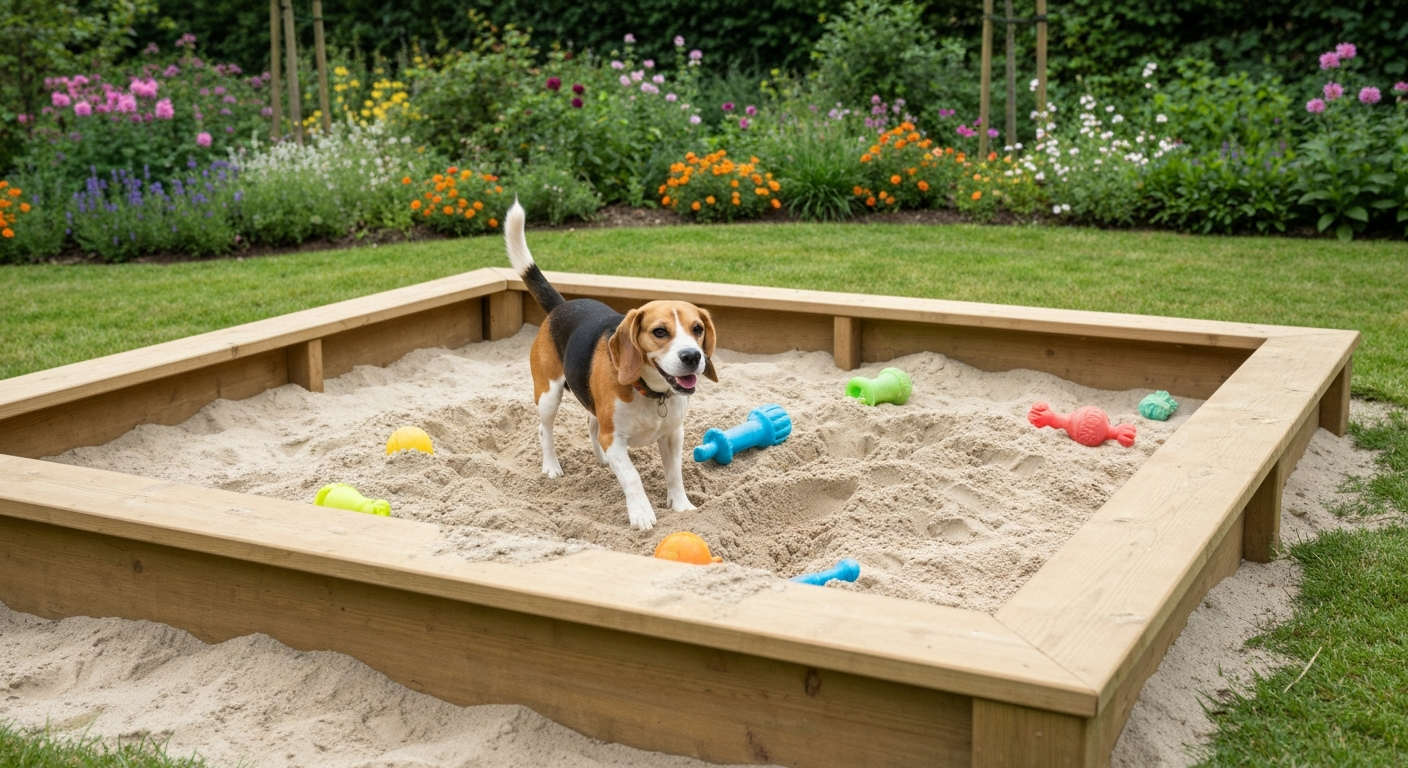 A designated digging box for a dog, made of wood and filled with sand, with a red dog toy partially buried in it.