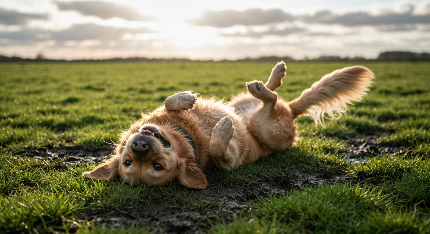 A golden retriever dog happily rolling on its back in a muddy grass field during a sunny morning walk.