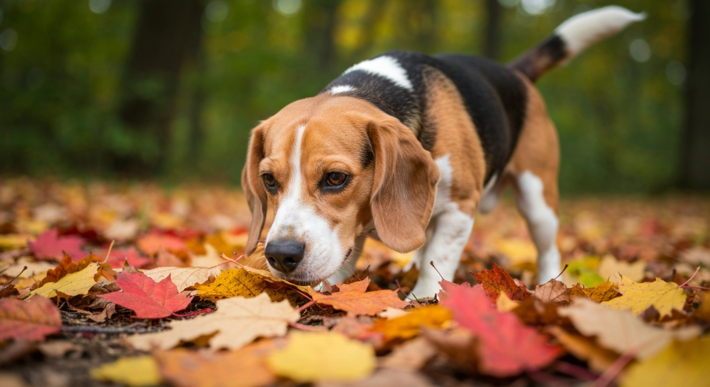 A tricolor Beagle dog sniffing damp leaves and twigs on a forest pathway.