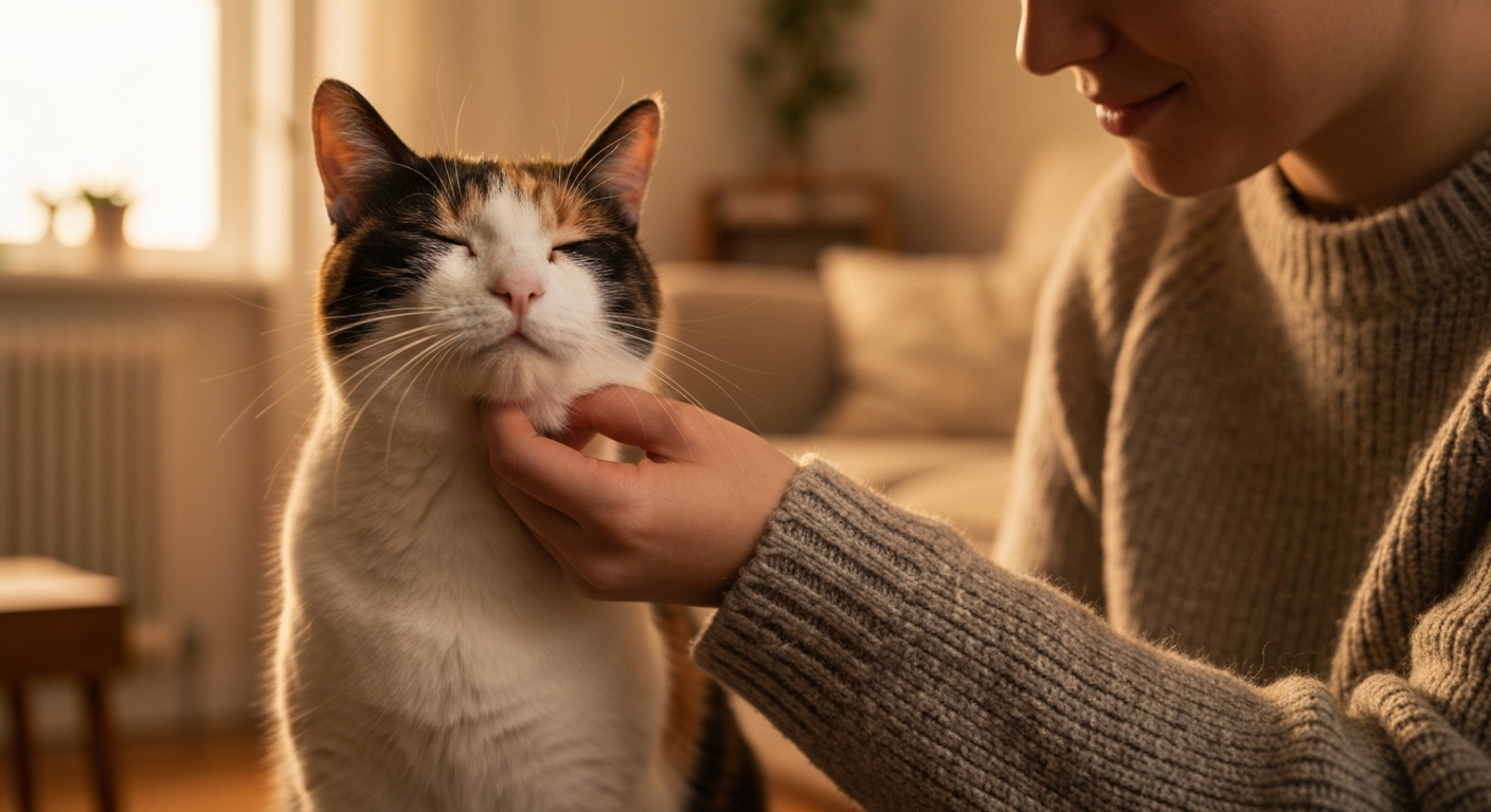 A close-up of a hand gently scratching a Domestic Shorthair cat under its chin.