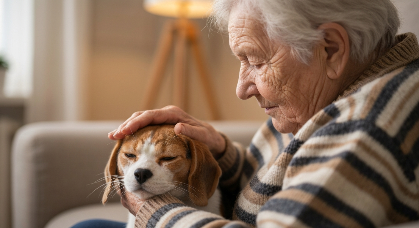 A ginger cat with its eyes partially closed in a slow blink, looking towards a person's hand that is resting nearby on a blanket.