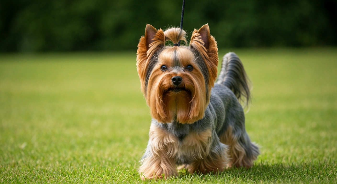 A beautiful adult Yorkshire Terrier with a perfectly groomed, long blue and tan coat standing elegantly on a bright green grass field.