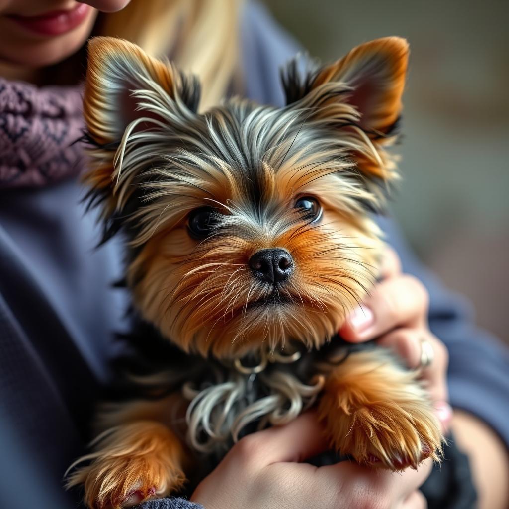 A person carefully brushes the long, silky fur of a small Yorkshire Terrier puppy.