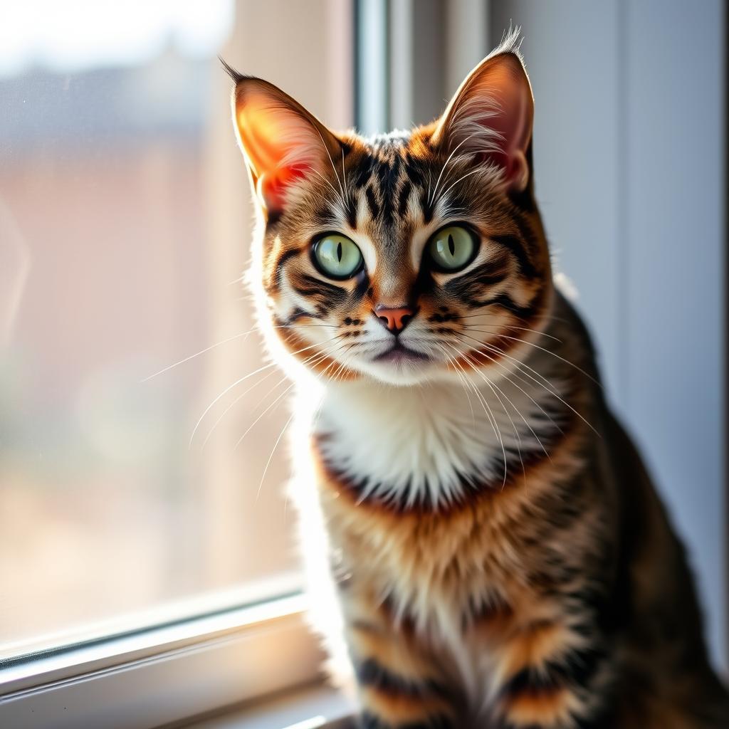 A Domestic Shorthair cat sits by a window, looking alert and curious.