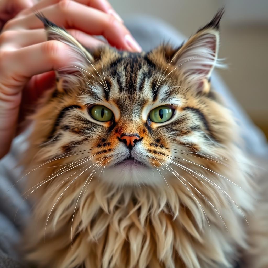 A person's hand gently pets the head of a contented Domestic Longhair cat.